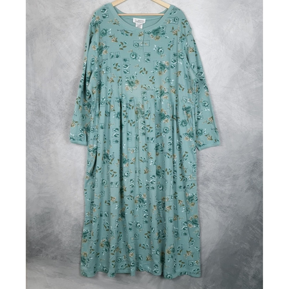 Vintage Floral Maxi Dress Womens 2X Green Henley Modest Prairie Thermal